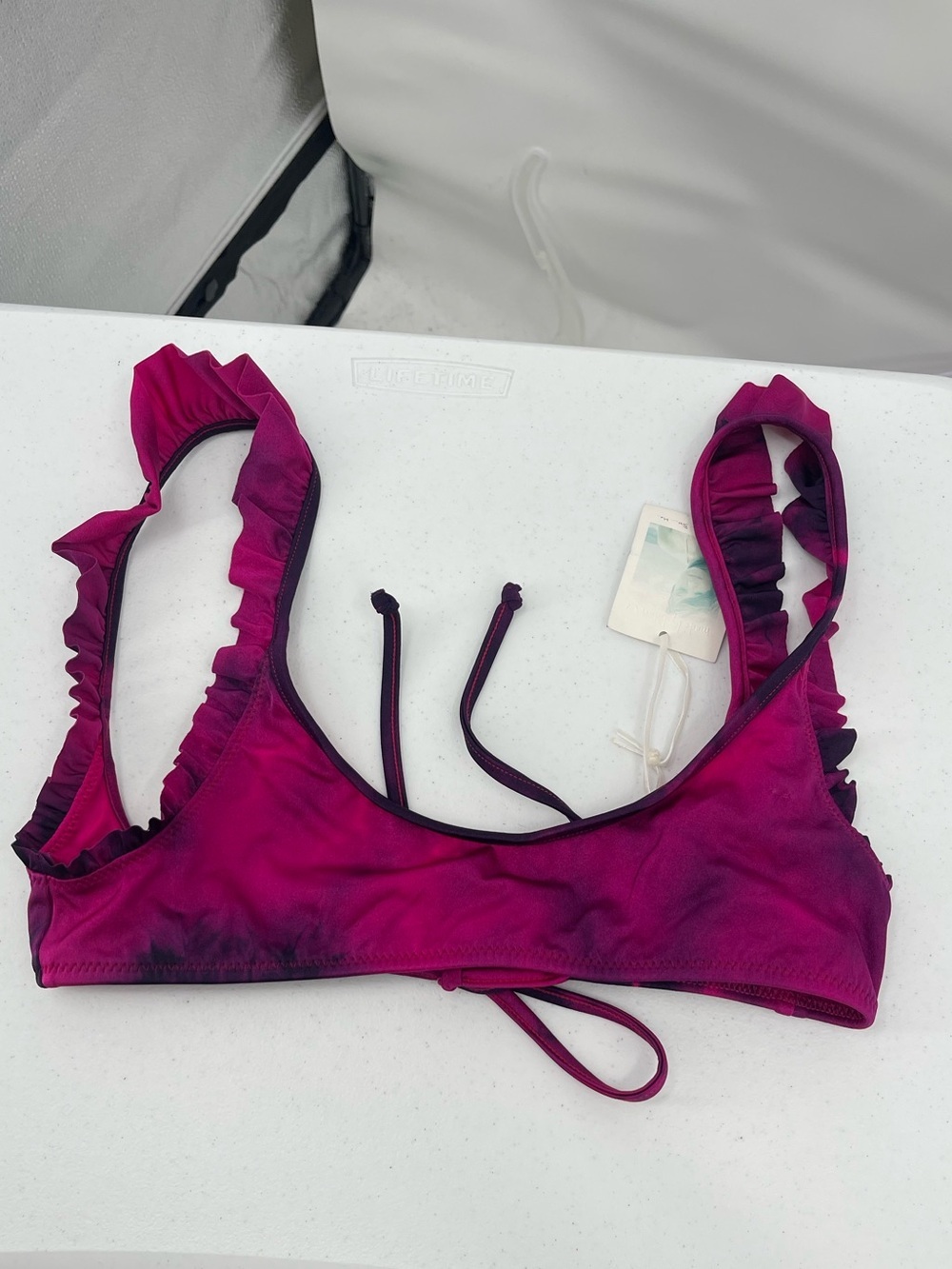 Made by Dawn NWT pink purple tie dye ruffle strap tie bikini top